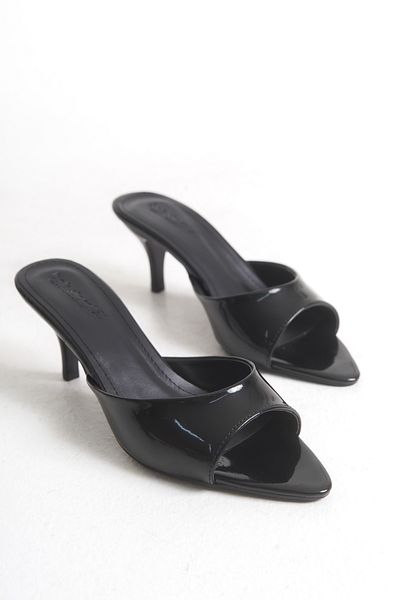 Bak Store Black Patent Leather Pointed Toe Women's Heeled Slippers