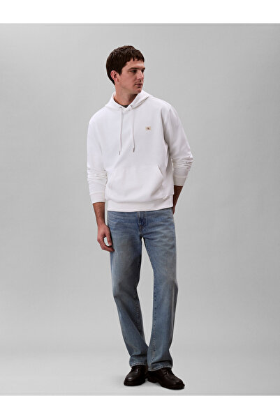 Calvin Klein Men White Cotton Terry Badge Hoodie
