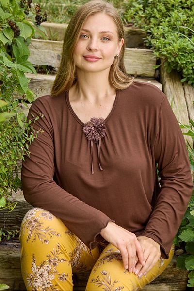 Miss Meryem Brown Ring Viscose Lace Detailed Long Sleeve Plus Size Pajama Set