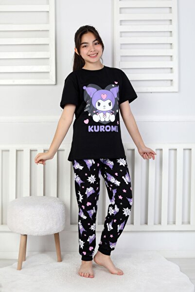 BRAXELL Girls' Kuromi Patterned 100% Cotton Pajama Set – Summer Home Wear – Comfortable Breathable Short Ko