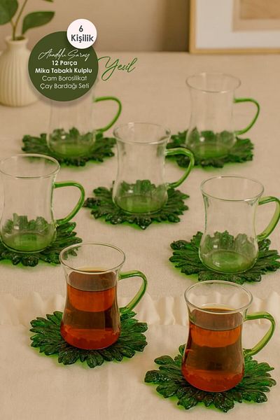 Anadolu Saray 12 Piece Green Mica Plate Handled Glass Borosilicate Tea Cup Set