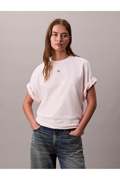 Calvin Klein Women Lacey Lilac Logo Relaxed Fit Crew Neck T-Shirt