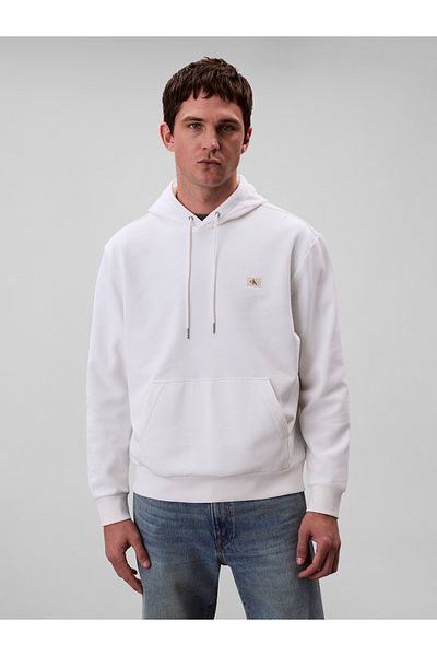 Calvin Klein Men White Cotton Terry Badge Hoodie