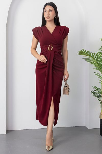 PULLIMM Double Breasted Collar Shoulder Padded Buckle Dress Ny3003