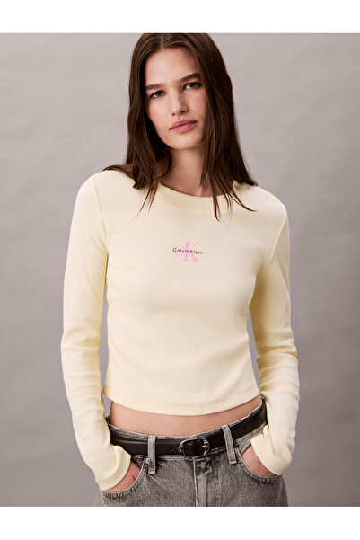 Calvin Klein Women Pear Sorbet Monogram Logo Long Sleeve Baby Tee