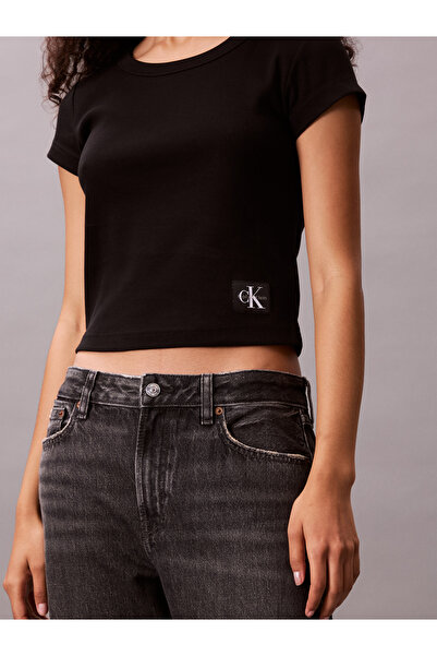 Calvin Klein Women Black Slim Fit Ribbed Cotton Badge T-shirt
