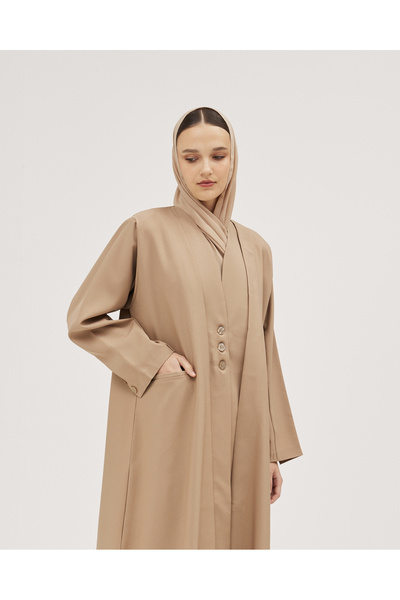 SOROSE SA Practical linen cloche abaya with pockets and a button-detailed collar - Beige