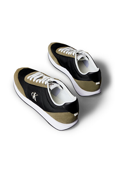 Calvin Klein Men Black/Capers/Bright White Suede Mix Signature Logo Retro Runner Trainers