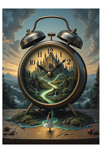 Bedeko Çalar Saat ve Şato Manzarası Mdf Tablo