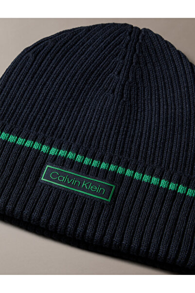 Calvin Klein Men Black Patch Rib Cotton Cashmere Blend Beanie
