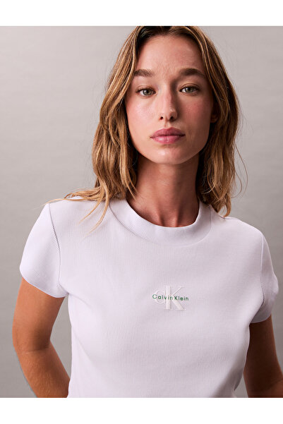 Calvin Klein Women White Monogram Logo Crew Neck Baby Tee