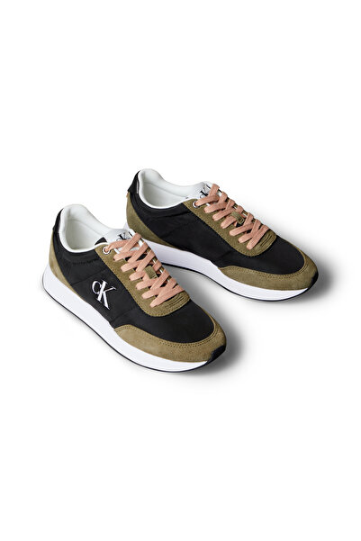 Calvin Klein Women Black/Capers Low Top Suede Mix Signature Logo Retro Runner Trainers