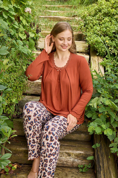 Miss Meryem Tile Ring Viscose Lace Detailed Long Sleeve Plus Size Pajama Set