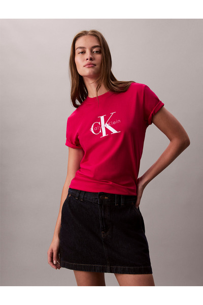 Calvin Klein Women Petunia Pink Hero Short Sleeve Classic Monogram Logo Tee