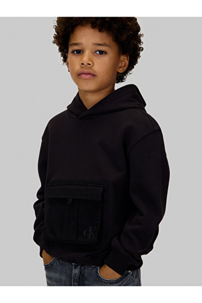 Calvin Klein Boys Black Youth Pocket Detail Pullover Hoodie