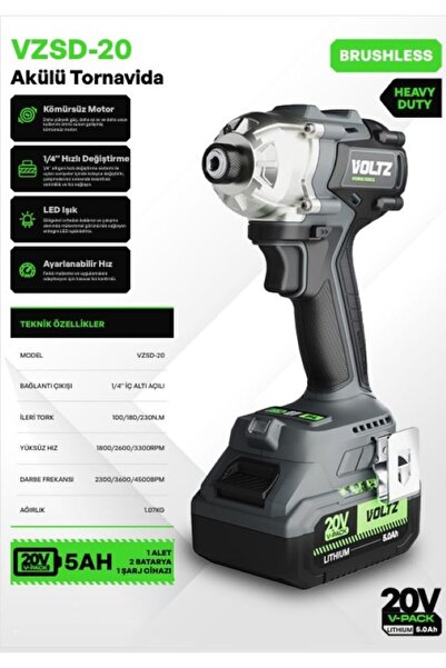 Voltz VZSD-20 Akülü Tornavida - Kömürsüz - Ağır Hizmet - 1/4" Hızlı Değiştirm...