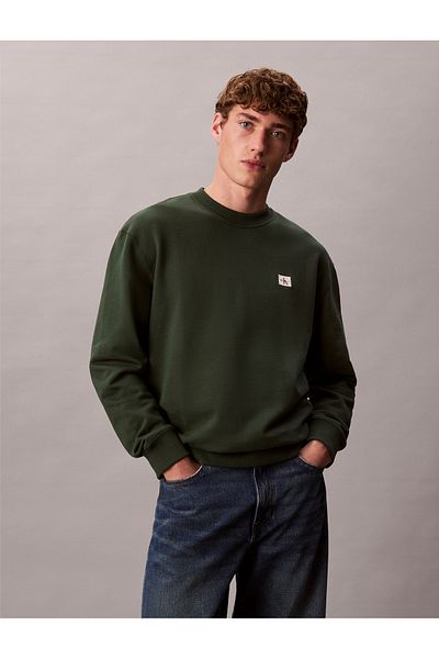Calvin Klein Men Sycamore Cotton Terry Badge Crew Neck Pullover Sweatshirt