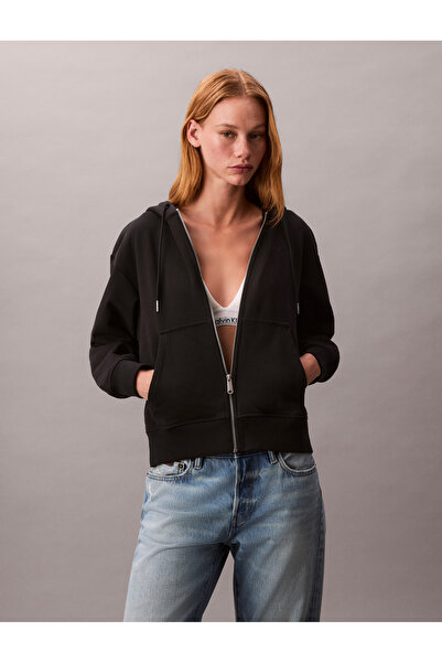 Calvin Klein Women Black Cotton Terry Zip Up Hoodie