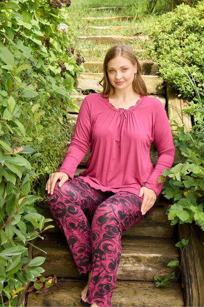 Miss Meryem Fuchsia Ring Viscose Lace Detailed Long Sleeve Plus Size Pajama Set