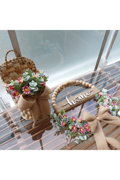 Okaliptus Tasarım Boxwood Door Ornament, Set of 2 Straw Baskets, Gift