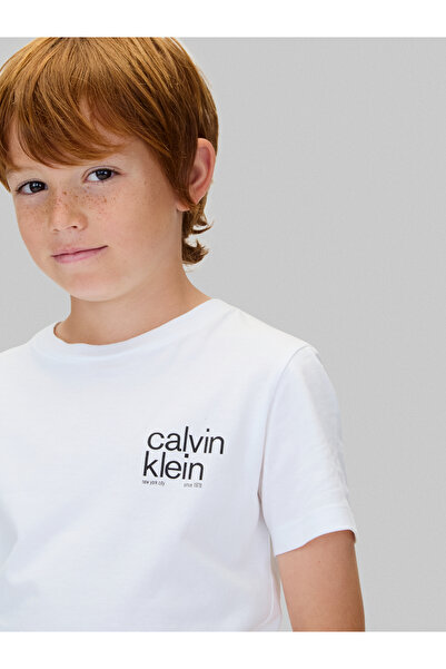 Calvin Klein Boys Bright White Regular Small Graphic Crew Neck T-Shirt