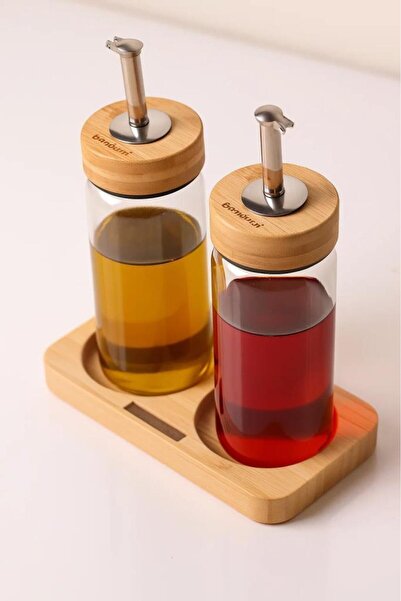 Bambum Glass Oil & Vinegar Set with Bamboo Lid – 200ml with 2 Stands