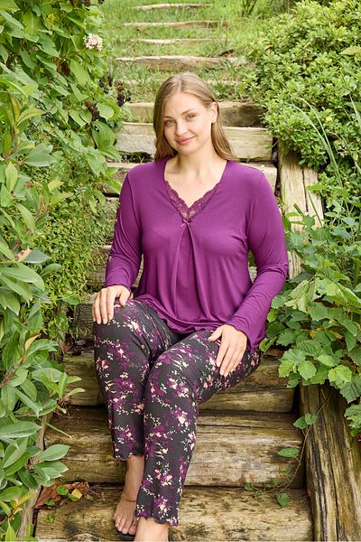 Miss Meryem Purple Ring Viscose Lace Detailed Long Sleeve Plus Size Pajama Set