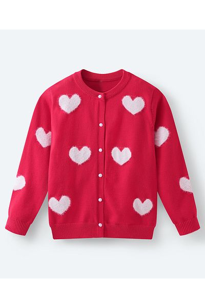 SAPS Button-Up Sweater with Heart Appliqués - Red