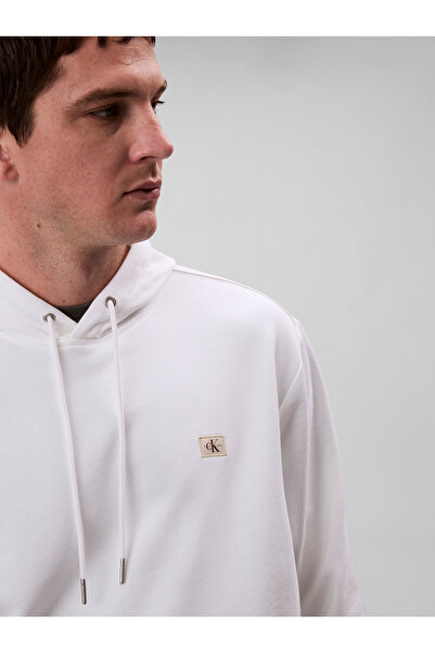 Calvin Klein Men White Cotton Terry Badge Hoodie