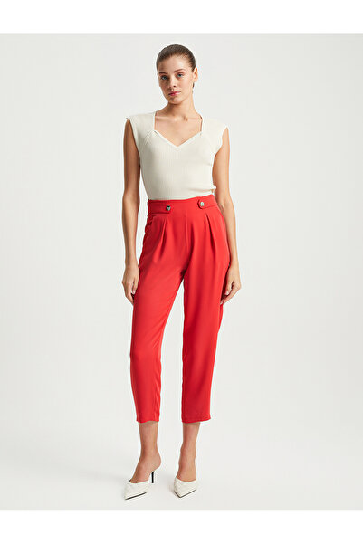 Genel Markalar Kırmızı - Kemer Detaylı Saten Pantolon