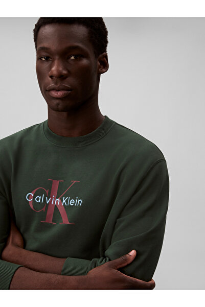 Calvin Klein Men Green Monogram Crew Neck Pullover Sweatshirt