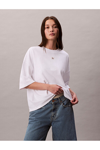 Calvin Klein Women Brilliant White Logo Relaxed Fit Crew Neck T-Shirt