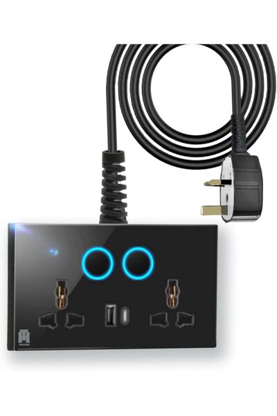 HASSAN USB-C & USB-A Dual Universal Socket Extension with Neon Indicator - 5V 2.1A Power and Long Co