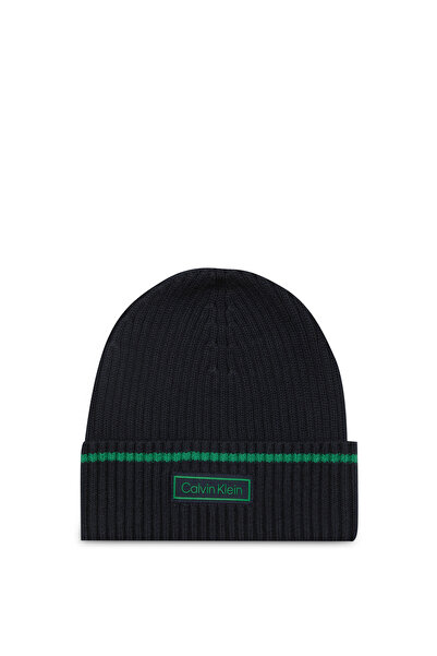 Calvin Klein Men Black Patch Rib Cotton Cashmere Blend Beanie