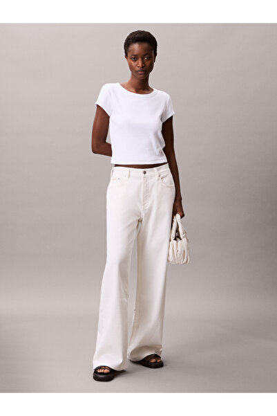 Calvin Klein Women Brilliant White Slim Fit Ribbed Cotton Badge T-shirt