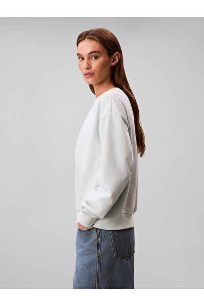 Calvin Klein Women White Archive Logo French Crew Neck Pullover Sweatshirt