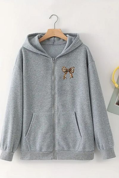 Sweetline Unisex Gray Hooded Zippered Cardigan – Minimal Leopard Ribbon Printed, Thick Fabric with Embossed