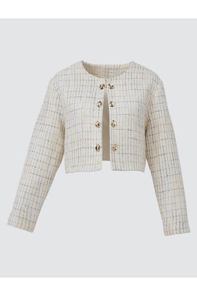 Jimmy Key Ecru Long Sleeve Open Collar Patterned Woven Jacket
