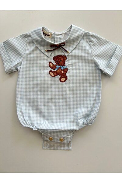 il mio bambino İl Mio Bambino Handmade 100% Cotton Baby Boy Teddy Bear Embroidered Shirt - Blue Plaid - Short Sleeve