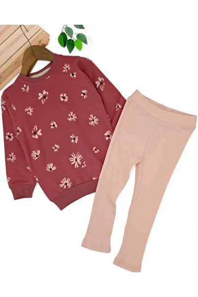 Ege Bebek Girls Seasonal 2-3-4-5-6-7-8-9-10 Years Old Ribbed Leggings Floral Printed Tracksuit Set