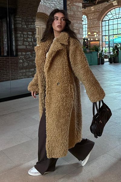 Madmext Brown Buttoned Plush down Coat Mg2516