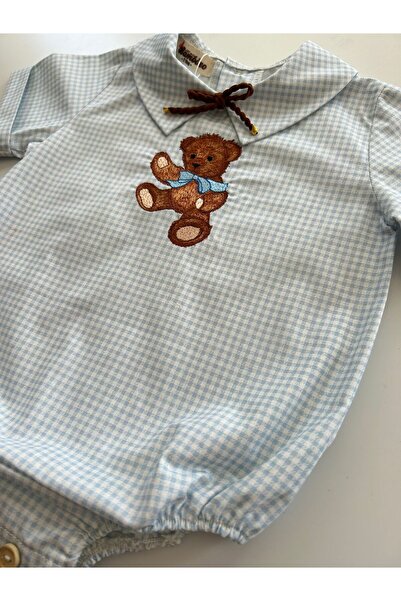 il mio bambino İl Mio Bambino Handmade 100% Cotton Baby Boy Teddy Bear Embroidered Shirt - Blue Plaid - Short Sleeve