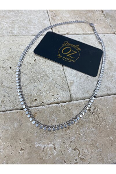Byoz store Çelik gümüş renk daire pullu plaka kadın kolye