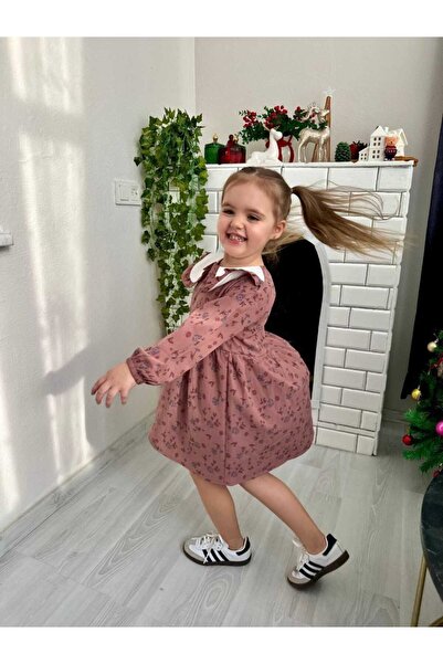 kidsense Özel Tasarım Bebe Yaka Çiçekli Kız Çocuk Elbise