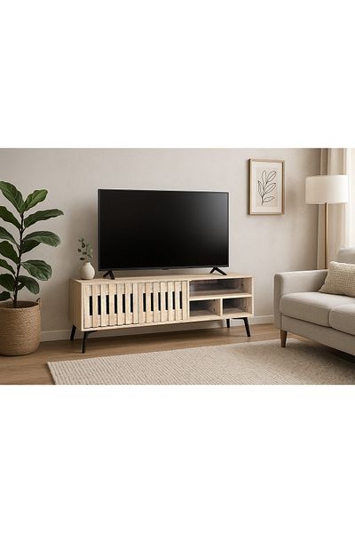 TrentonGCC Wooden TV Stand with Storage Shelves and Sliding Doors