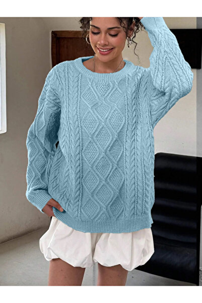 AQE FASHION Pulover de tricotaj pentru femei, cu model de împletitură de păr, cu decolteu, zilnic, iarnă, albastru bebeluș