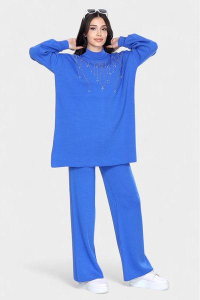 NEWCO Stylish Stone Embroidered Oversize Knitwear Tunic and Wide Leg Pants Combination Half Turtleneck Two-Piece Suit