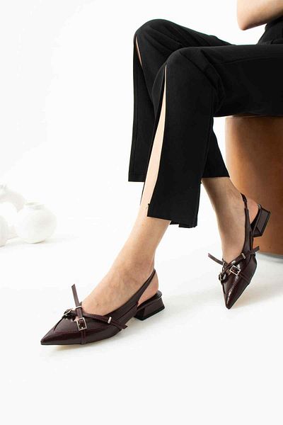 TubiBella Burgundy Colored Square Heeled Stiletto with Buckle and Cross Strap Detail