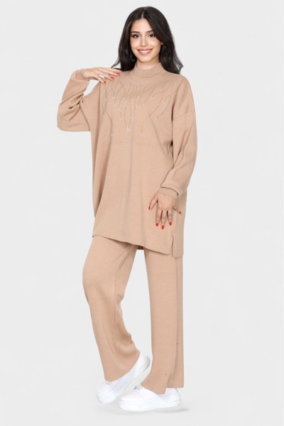 NEWCO Stylish Stone Embroidered Oversize Knitwear Tunic and Wide Leg Pants Combination Half Turtleneck Two-Piece Suit