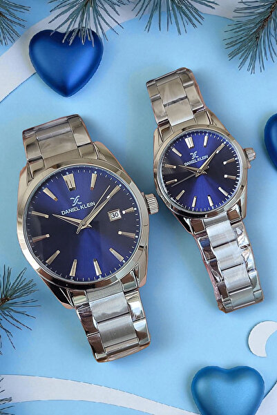 Daniel Klein Orijinal 2 Yıl Garantili Çelik Bilezik Mavi Kadran Sevgili Kol Saati Seti - Zincir Bileklik Hediyeli